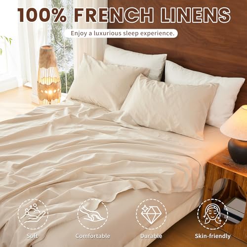 Queen Linen Sheet Set - 4 Pieces, 16" Deep Pockets, French Natural Flax