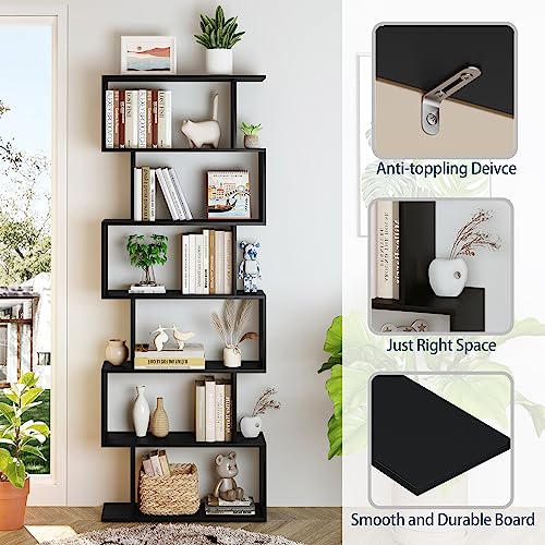 Yusong 6-Tier Geometric Bookcase Shelf Black 27.8"W x 9.4"D x 74"H Modern Wood Display