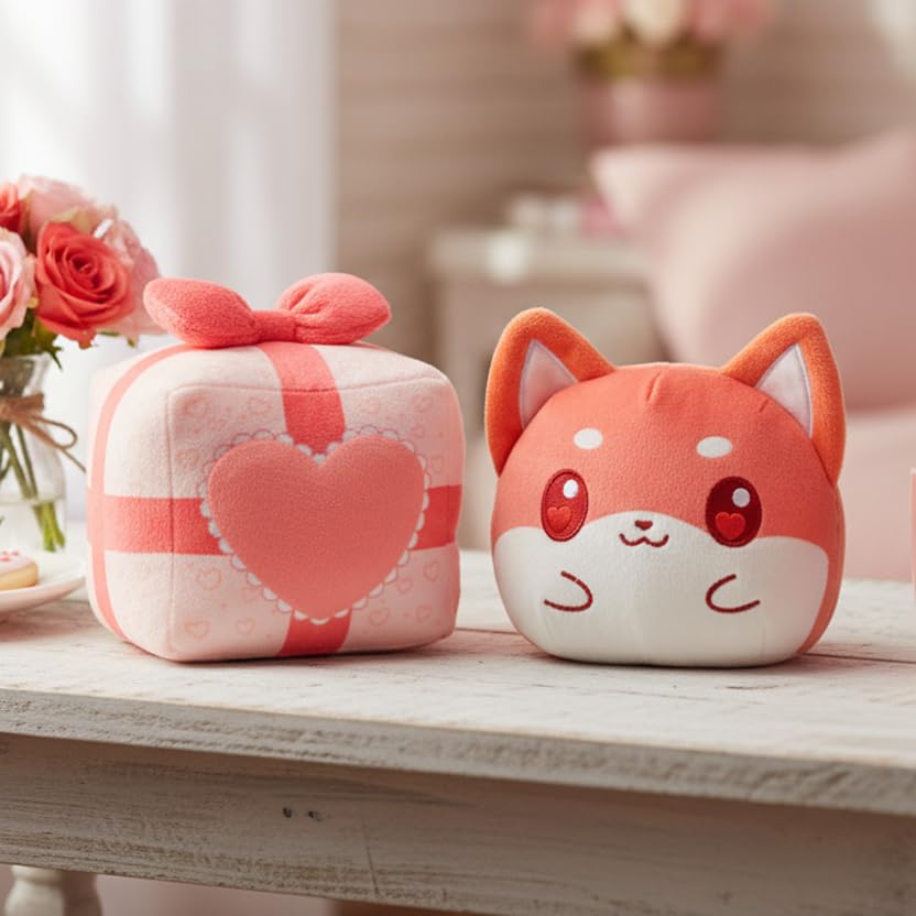 TeeTurtle Shiba Inu Valentine's Day Present Reversible Plushie - 4-Inch Two-Sided Flip Plush Toy with Embroidered Details - Cute Mini Collectible Plush for Kids, Teens, and Adults