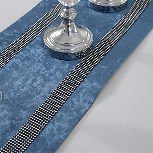 San Tungus 13x72 Inch Blue Bilateral Rhinestone Table Runner with Diamante Strip & Tassels