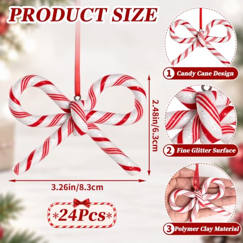 Candy Cane Bow Ornaments for Christmas Tree Decorations, Red and White