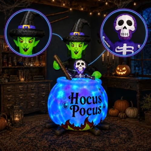 Enlik 6 FT Inflatable Witch and Cauldron Halloween Yard Decor with RGB Light Show - Outdoor Spooky Blow Up for Lawn, Porch, Garden, Party, Halloween Decorations