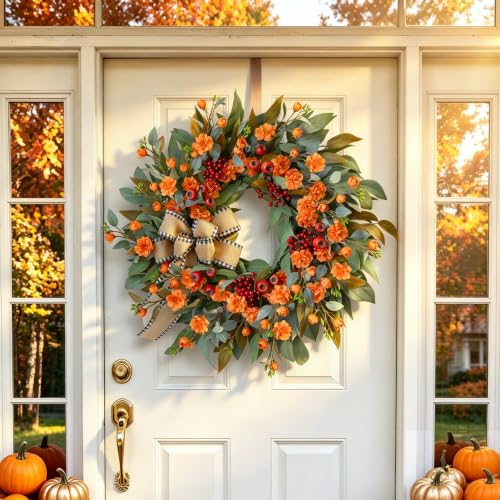 Autumn Leaf Wreaths - 24 Inch Fall Door Wreath with Berries & Bow - Harvest Decor