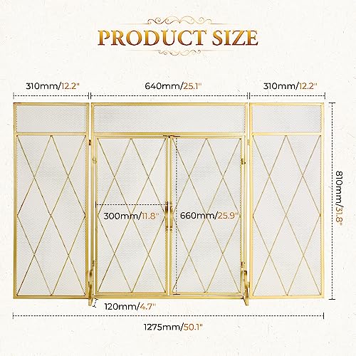 POWLAB Gold 3-Panel Fireplace Screen with Double Doors - 50" x 32"