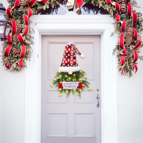Christmas Wreath for Front Door, Lighted Gnome Door