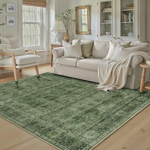 6'x9' Green Washable Vintage Distressed Floral Rug for Living Room - Zeeinx