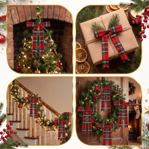 30 PCS Christmas Tartan Plaid Bow Decoration,Red