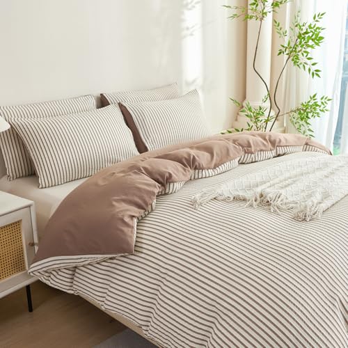 Dark Brown Striped Queen Comforter Set 3 Pieces Microfiber Bedding
