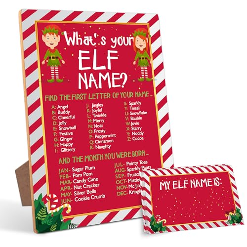 Mysrin Christmas01 What’s Your Elf Name? Wooden Sign Game with Stand + 50 Cards, Party Family Christmas