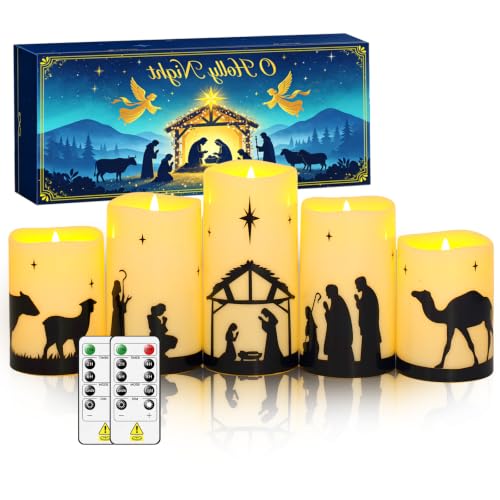 Nativity Scene 5-Piece Flameless Candles Ivory - Sasigeiaa 3" D x 4/5/6" H Christmas Nativity Set