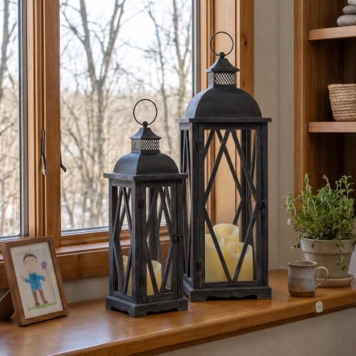 Dark Brown Farmhouse Outdoor Lanterns Set of 2 - Rustic Patio Candle Holders