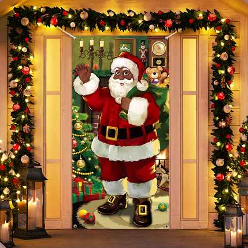 Black Santa Claus Door Cover Christmas Front Door Decorations Xmas Xmas Door Hanging Banner Santa Claus Background for Front Door Home Holiday Winter Christmas Decor