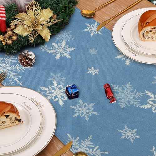 Bonhause Winter Christmas Table Runner 13x72 Inch Blue Snowflakes Let It Snow Xmas Seasonal Holiday Kitchen Dining Table Decoration for Indoor Outdoor Home Party Decor