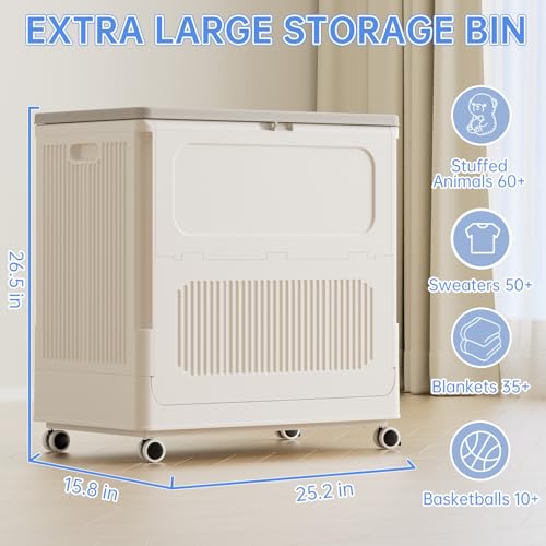 Large Storage Bin with Lid and Wheels - 130 QT Cream White Toy Organizer