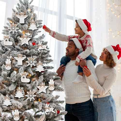 8 Pcs Rustic Christmas Tree Ornaments Wooden Angle Snowflake Reindeer Ornaments Farmhouse Christmas Tree Hanging Decorations for Xmas Home Office Fireplace Mantel Winter Party (White)