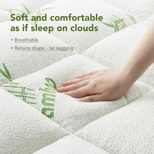 Green Full Size Bamboo Mattress Topper - Extra Thick Quilted Pillow Top, Cooling & Breathable, Deep Pocket Fit 6-18 Inches
