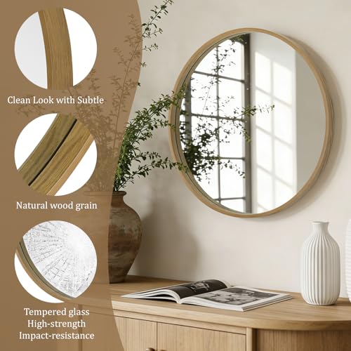 WallBeyond 24-Inch Natural Round Wood Mirror for Bathroom & Living Room Wall Decor
