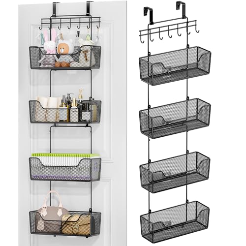 HapiRm Black Over The Door Organizer with 4 Large Metal Baskets & Adjustable Hooks