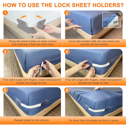 Gray Bed Sheet Holders for Corners - Heavy Duty Fitted Sheet Straps with Lock & Anti-Slip Pads (Set of 4)