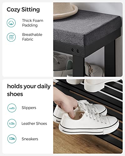 SONGMICS Bamboo Shoe Bench 3-Tier Shoe Rack with Padding - Ink Black + Slate Gray, 28.3W