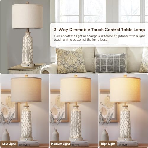 Farmhouse 26-Inch Set of 2 Off-White Lamps with USB Charging, Touch Dimmable