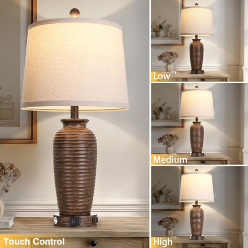 CINSARY 25-Inch Walnut Brown Farmhouse Jar Table Lamps Set of 2 with Touch Control & USB Ports