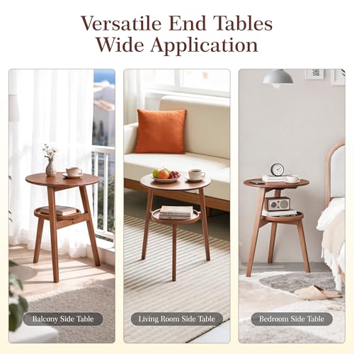 VELOHEIM Brown 2-Tier Round Bamboo Mid-Century End Table - Rustic Modern Side Table