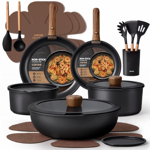 CAROTE 21-Piece Non-Stick Cookware Set with Detachable Handles - Black, Variant 21 Piece