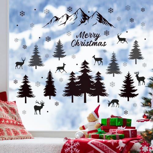 3 Sheets Black Pine Tree Deer Wall Sticker Removable Snowflake Merry Christmas Wall Decal Winter Mountain Woodland Nursery Wall Stickers for Xmas Party Supplies