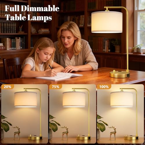 Gold Bedside Lamps Set of 2 with White Shade, Dimmable Nightstand Lamps with USB Ports