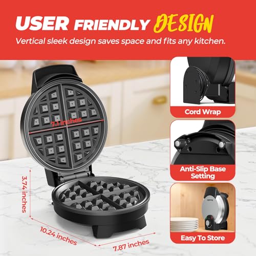 Novalife Black 7-Inch Round Classic Belgian Waffle Maker with Adjustable Browning Control