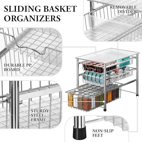 Simple Houseware 3-Tier Stackable Sliding Basket Organizer Drawer, Chrome