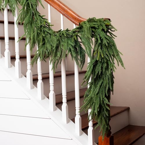 Vita Domi 9ft Extra Full Real Touch Norfolk Pine Garland Christmas Greenery for Fireplace & Mantle