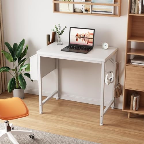 Small White Study Desk 23.6 Inch for Kids Girls with Storage Bag & Headphone Hook