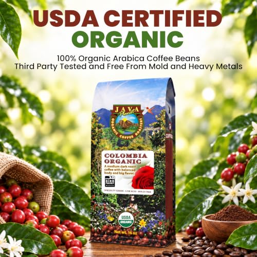 Low Acid Organic Colombian Whole Bean Coffee 16oz Pack of 2 – USDA Certified, Fresh Ground for French Press, Drip & Espresso