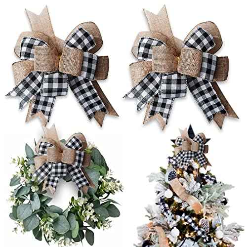 Buffalo Plaid Burlap Bows for Wreath 2 Pack,12¡±x9.4¡±Large Rustic Farmhouse Decor Tree Topper Check Bow Decorations for Fall Wedding Holiday Party Wall Home Front Door Decorative(Black&White)