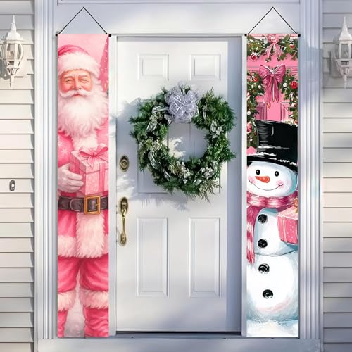 Pink Christmas Porch Banner - 12x71 Inch Welcome Santa Snowman Holiday Decor