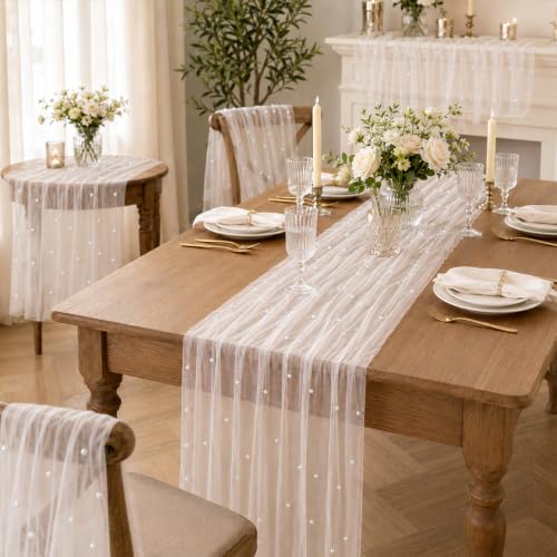 4 Pcs Pearl White Tulle Table Runners 29x72in for Weddings - APUDWN