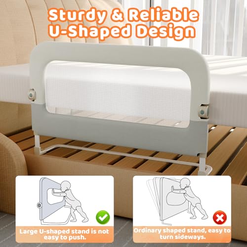 Omzer 32-Inch Foldable Toddler Bed Rail Guard - White with Grey Safety Side for Baby