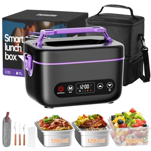 UEMNZCXX 2X1.2L Cordless Electric Heated Lunch Box Purple with Dual Insulated Bag