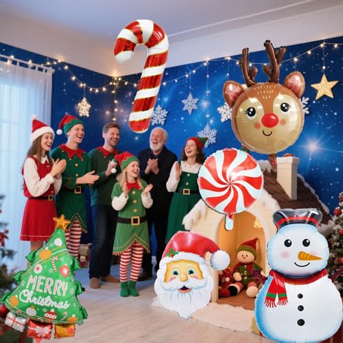 Christmas Foil Balloons Snowman Reindeer Santa Candy Cane Christmas Tree Balloons for Xmas Themed Party Decoration Supplies Winter Birthday Decoration Decor Ballons Arch Kits Party Balloon Set 6pcs