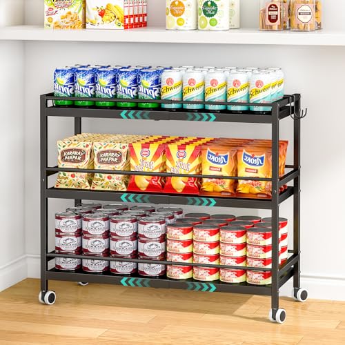 Black 3-Tier Expandable Rolling Pantry Organizer with Hooks — Kitchen Storage Cart