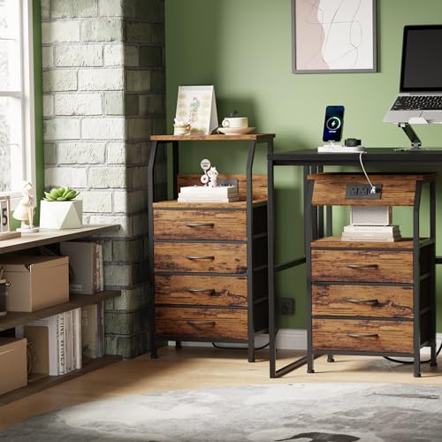 Furnulem Rustic Brown 3-Drawer Nightstand with Charging Station - Bedside Table
