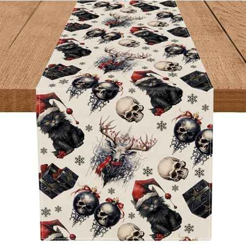 Gothic Decor Christmas Table Runner Black Cat Skeleton Snowflake Winter Xmas Kitchen Dining Home Room Vintage Decorations Christmas Party Supplies 13x72 Inch