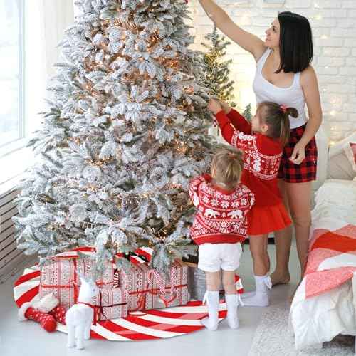 36 Inch Red Swirl Christmas Tree Skirt Sweet Candy Cane Red and White Christmas Decorations Xmas Tree Mat Holiday Party Home Decorations
