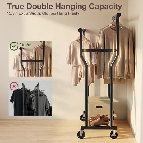 WATIOWL Black Double Rod Clothes Rack - Heavy Duty Portable Garment Storage with Wheels