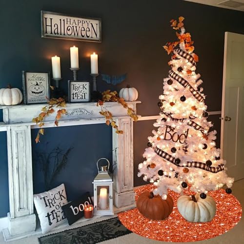 36 Inches Christmas Tree Skirts Orange Sequins Halloween Tree Skirt Shiny Velvet Xmas Tree Skirt Metallic Christmas Tree Mat Rustic Tree Skirts for Artificial Trees New Year Xmas Decoration