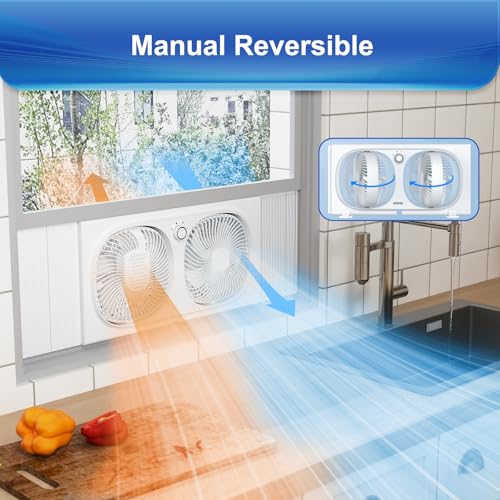 Adjustable Window Fan with 3 Speeds, 180°+90° Rotatable Heads, Reversible, Fits 21.65-33.27 Inch Windows - Home & Kitchen