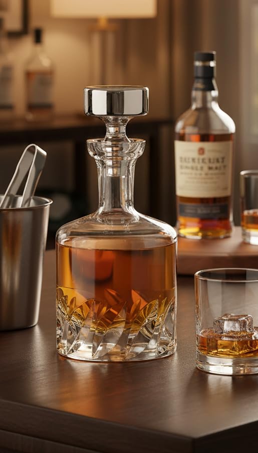 Beveled Blade Whiskey Decanter - Hand-Blown 34 Fl Oz Lead-Free Crystal with Conical Stopper