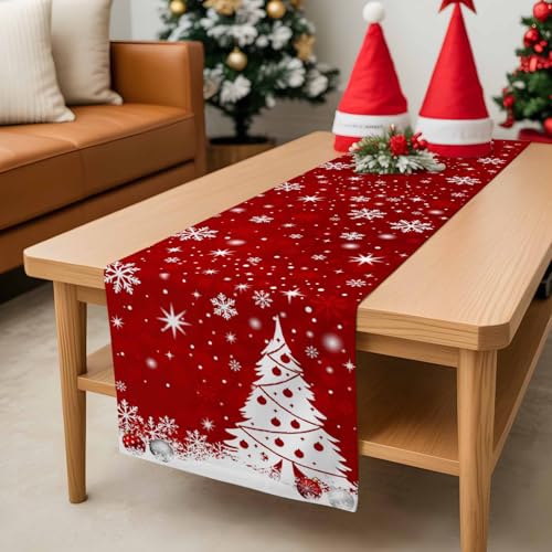 Ldtrchee 13 x 36 in Red Christmas Table Runner - Cotton Linen Snowflake Tree, Winter Holiday Decor